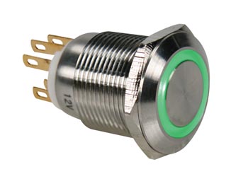 STAINLESS STEEL PUSH BUTTON SPDT 1NO 1NC - GREEN RING - 19mm