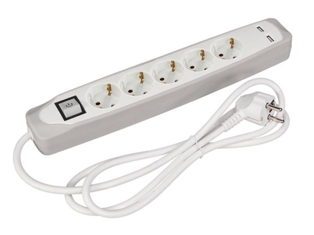 5-WAY SOCKET OUTLET WITH SWITCH - 2 USB PORTS - GREY/WHITE - SCHUKO