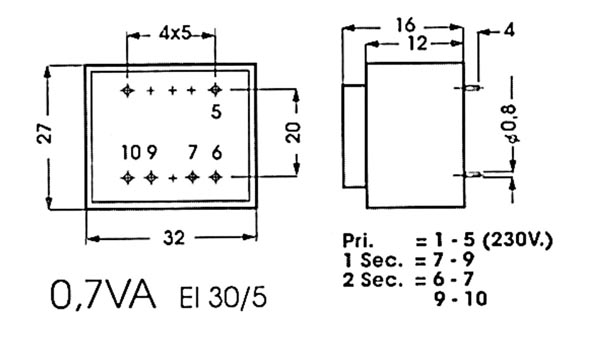 Трансформатор в корпусе: 0.7VA 1 x 12V / 1 x 0.058A