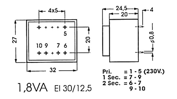 Трансформатор в корпусе: 1.8VA 2 x 24V / 2 x 0.038A