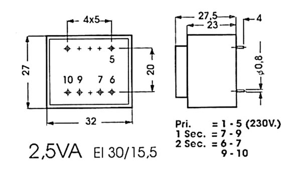 Трансформатор в корпусе:  2.5VA 1 x 15V / 1 x 0.167A