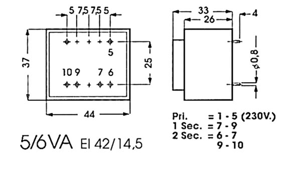 Трансформатор, в корпусе: 5VA 1 x 7.5V / 1 x 0.667A