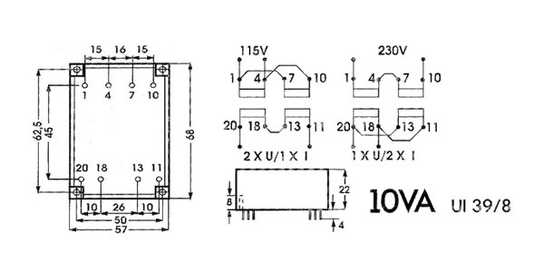 LOW PROFILE TRANSFORMER 10VA 2 x 15V / 2 x 0.333A