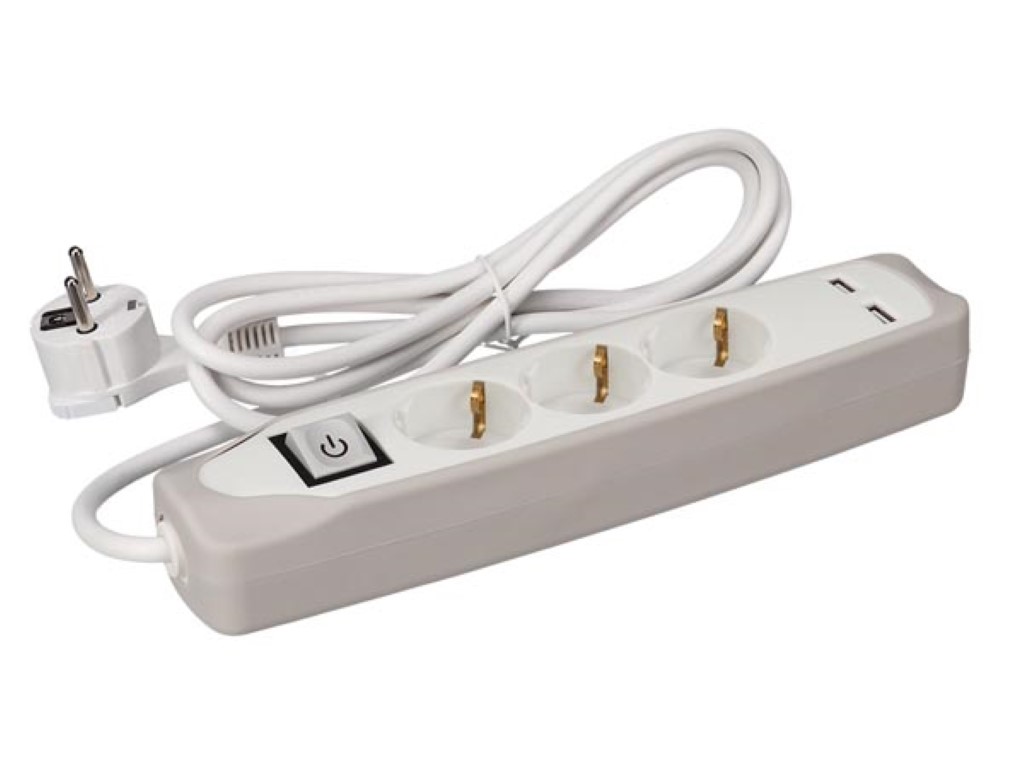 3-WAY SOCKET OUTLET WITH SWITCH - 2 USB PORTS - GREY/WHITE - SCHUKO