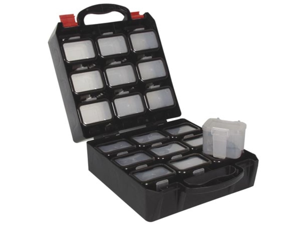 PLASTIC TOOL BOX WITH 18 CLIP-ON INSERTS FOR BELT
