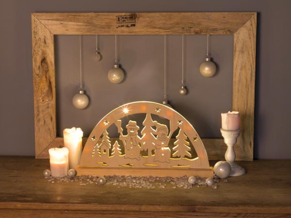Shadowlight LED - Snowman - 45 x 24 cm - natural wood - 10 warm white lamps -  batteries not provided