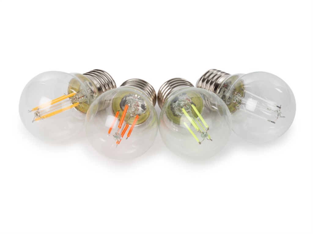 Hõõgniidi-kujuliste LED-pirnide komplekt - G45 - läbipaistev klaas - 4 tk- punane - roheline - sinine- oranz