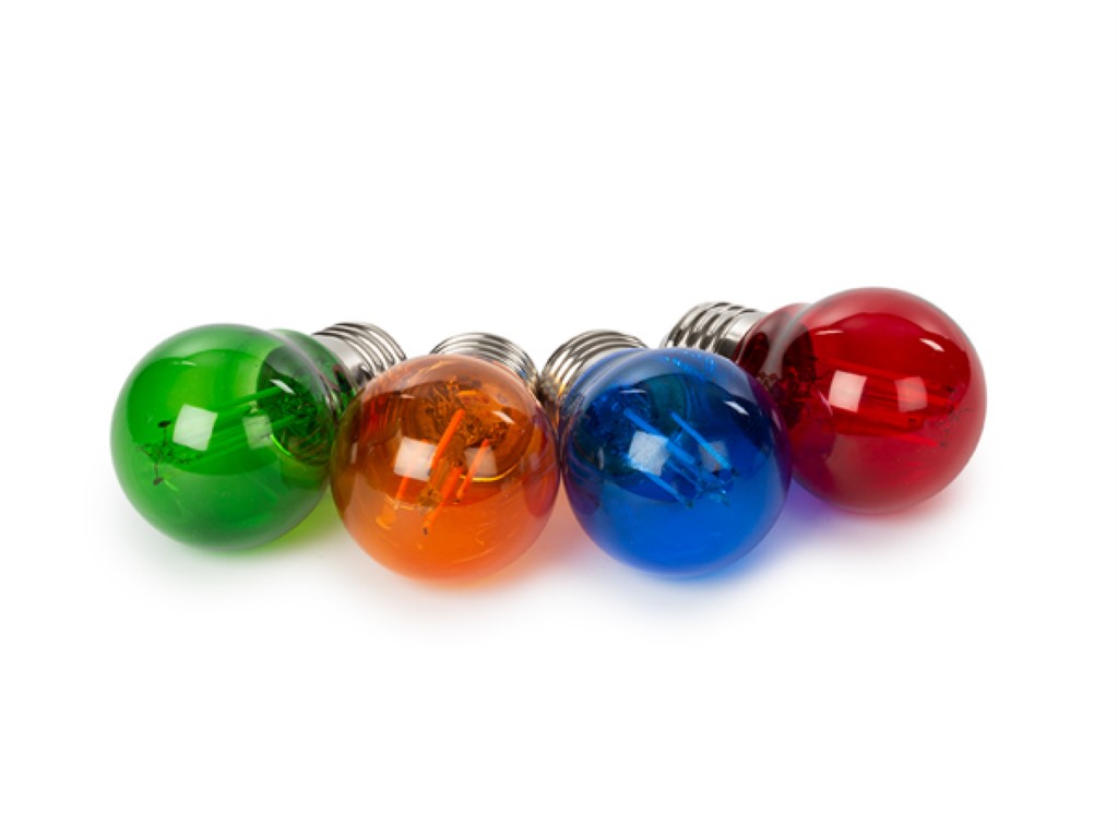 Hõõgniidi kujuluste LED pirnide komplekt - G45 - värviline klaas - 4 tk- punane - roheline - sinine - oranz