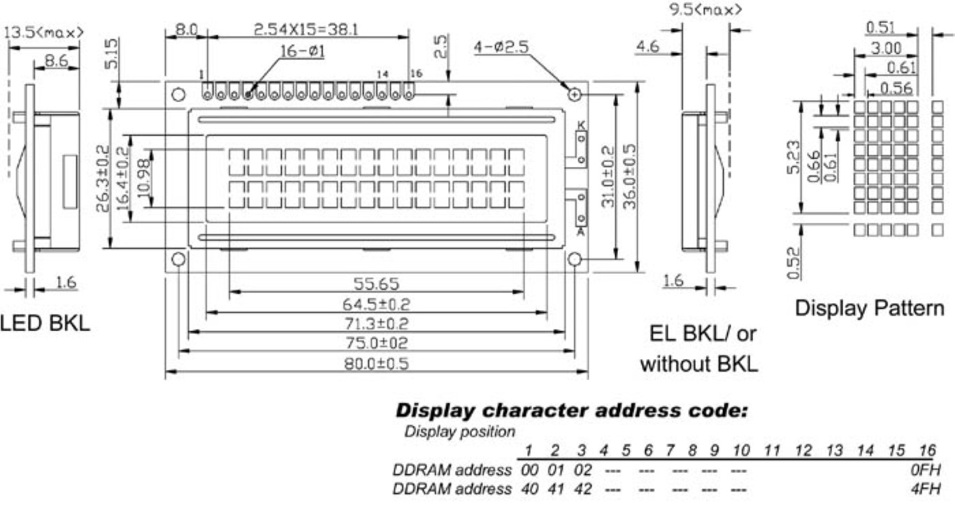 LCD 16 x 2 NO BACKLIGHT TN - LARGE CHARACTERS - LOW-COST