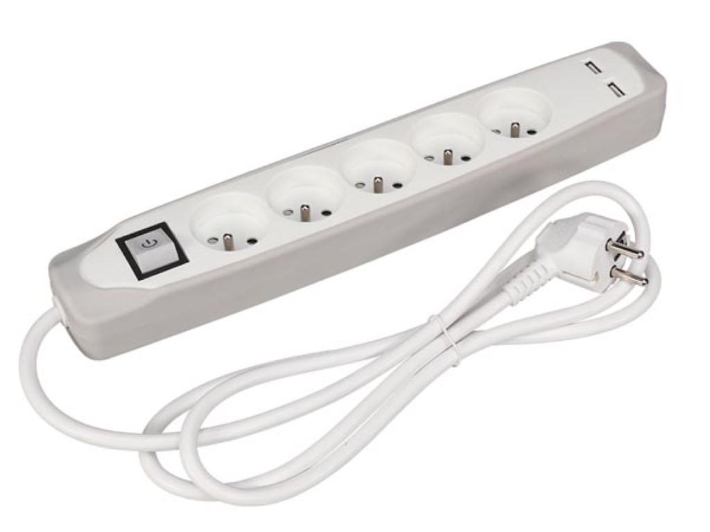 5-way Socket Outlet With Switch - 2 USB Ports - Grey/white - Pin Earth