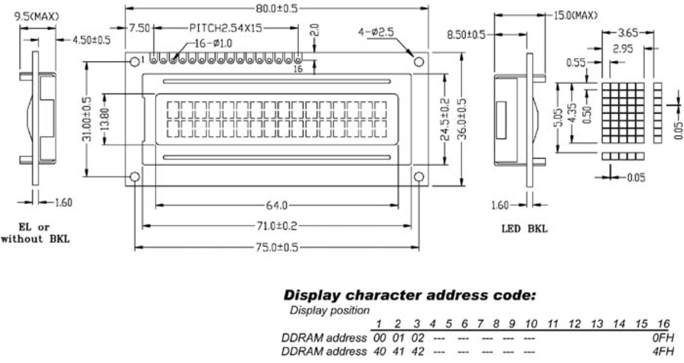 LCD 16 X 2 "bottom View" Type Reflectif